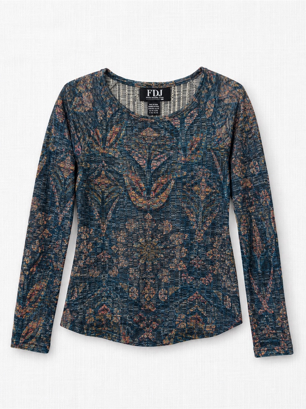 FDJ Floral-Print Long Sleeve Scoop Neck Tee in Teal Multi
